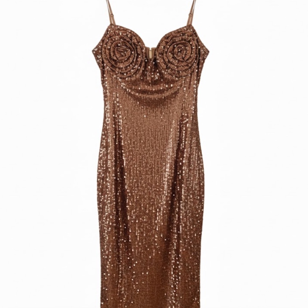Embellished Rose Bustier Sequin Dress - Bronze - Style of Magda Butrym